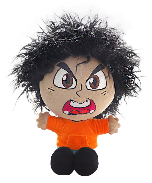 Frontal view of a plush doll with soft curly hair and a small orange hoodie